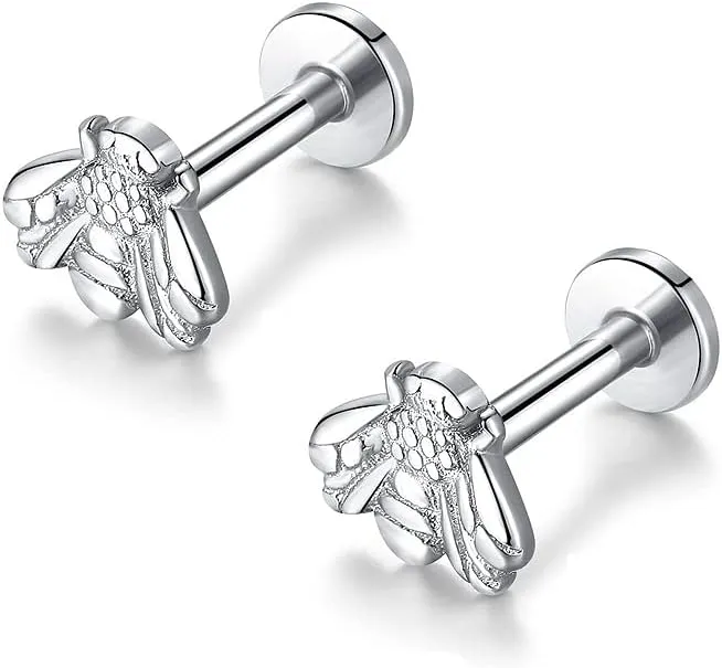 16G Top Honeybee Cartilage Stud Earrings Stainless Steel Tiny Bee Flat Back Screw Lip Tongue Piercing Barbell Labret Studs Cute Jewelry Gifts for Women Men Unisex Hypoallergenic