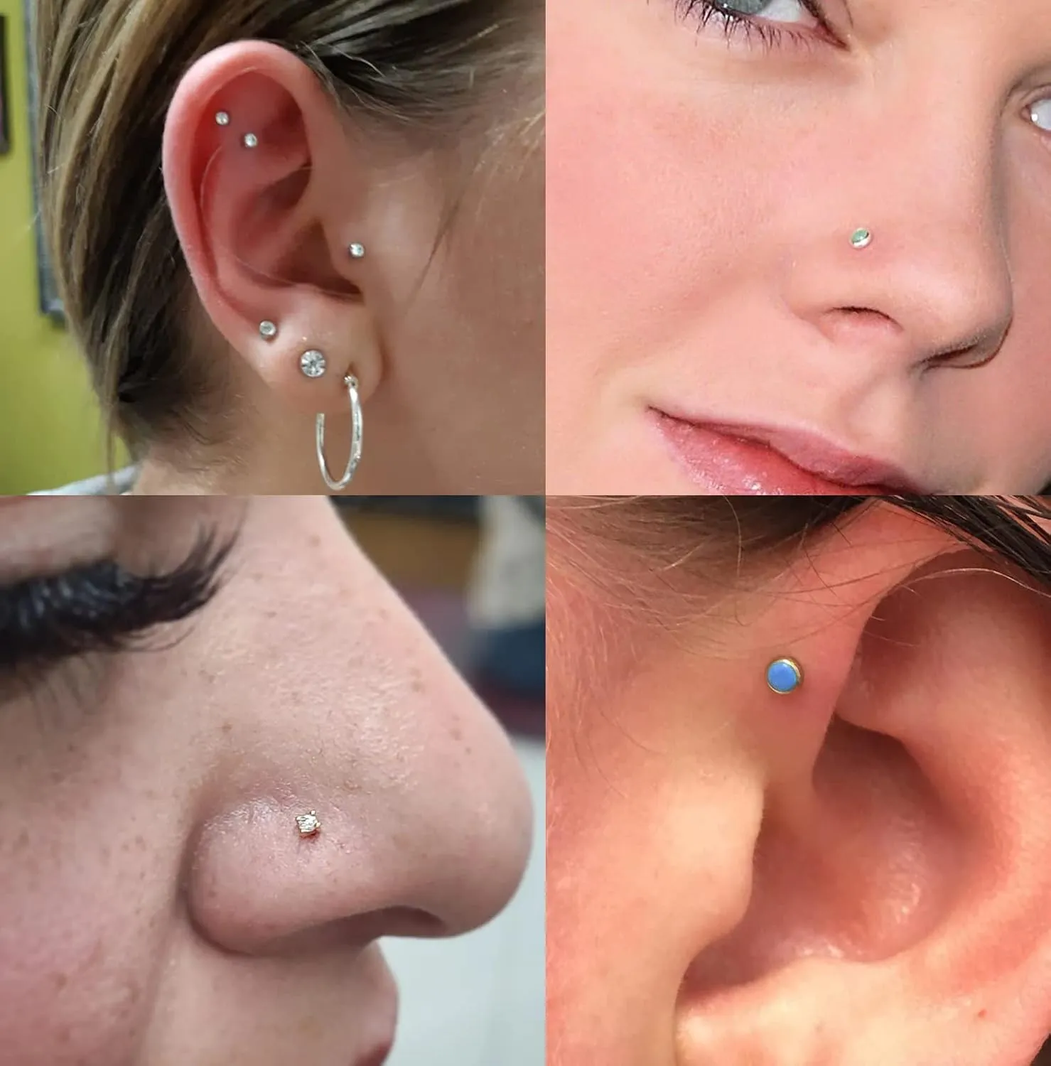 16PCS 16G 18G 20G Stainless Steel Threadless Push in Nose Stud Ring for Women Men Lip Ring CZ Flower Heart Cartilage Helix Earring Piercing Set