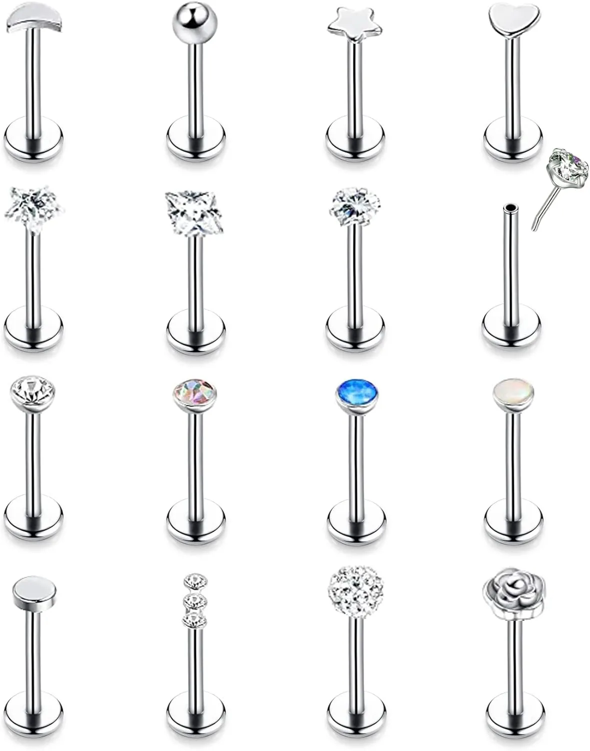 16PCS 16G 18G 20G Stainless Steel Threadless Push in Nose Stud Ring for Women Men Lip Ring CZ Flower Heart Cartilage Helix Earring Piercing Set