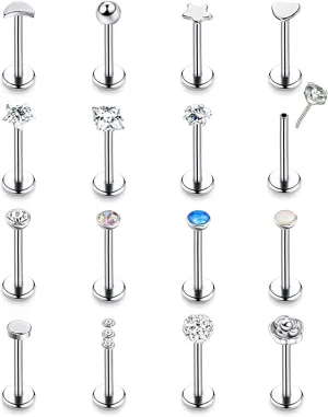 16PCS 16G 18G 20G Stainless Steel Threadless Push in Nose Stud Ring for Women Men Lip Ring CZ Flower Heart Cartilage Helix Earring Piercing Set