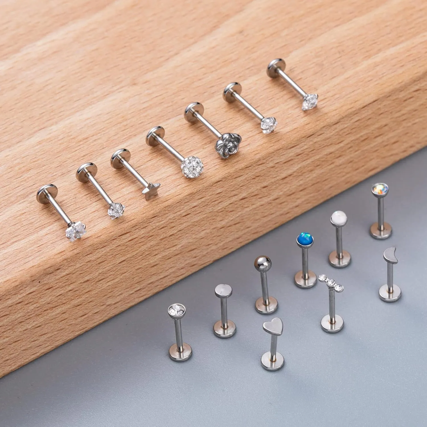 16PCS 16G 18G 20G Stainless Steel Threadless Push in Nose Stud Ring for Women Men Lip Ring CZ Flower Heart Cartilage Helix Earring Piercing Set