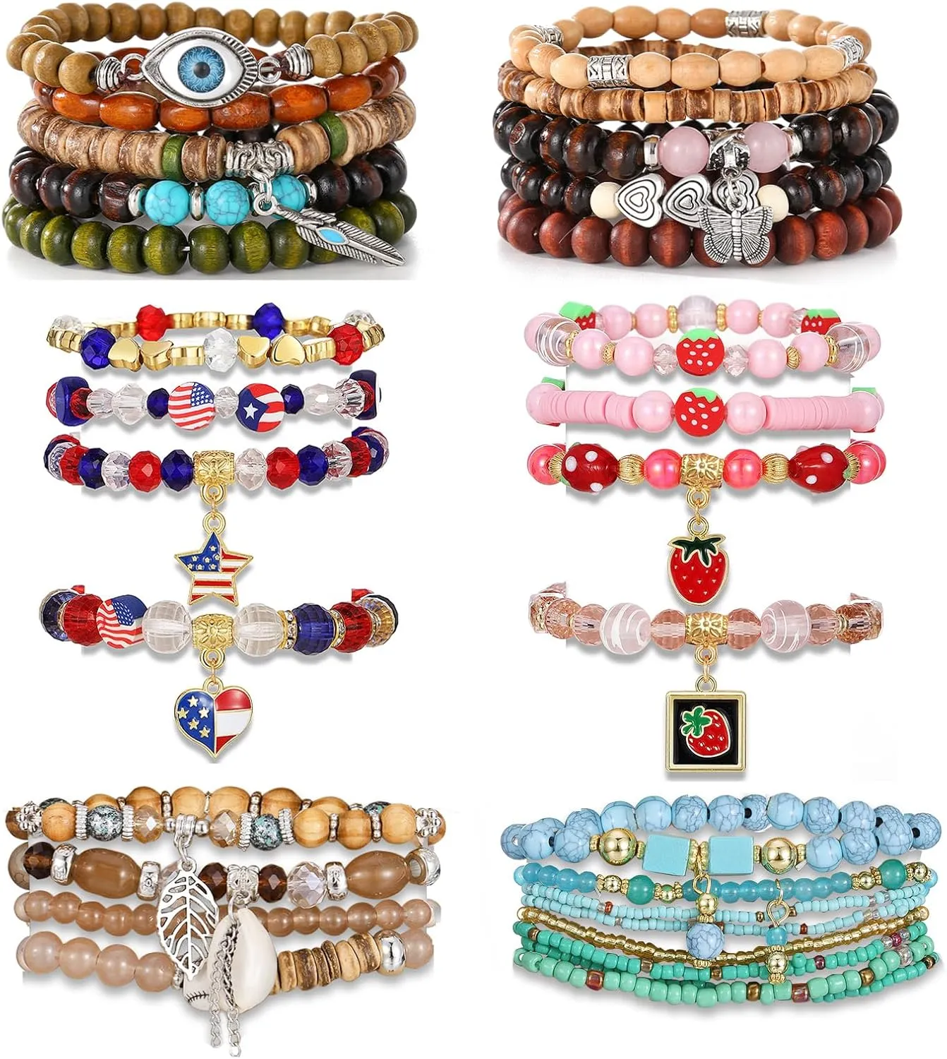 17IF 30 Pcs Silver Bead Bracelet Set for Women, Charm Colorful Crystal Stone Wooden Stackable Boho Turquoise Evil Eye Butterfly American Star Heart Stretch Chain for Friendship