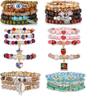 17IF 30 Pcs Silver Bead Bracelet Set for Women, Charm Colorful Crystal Stone Wooden Stackable Boho Turquoise Evil Eye Butterfly American Star Heart Stretch Chain for Friendship