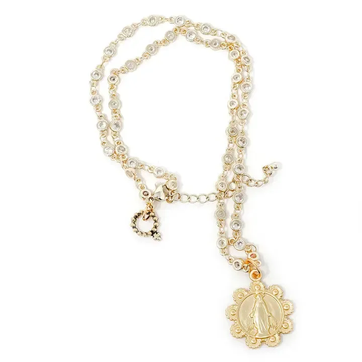 18” Gold Crystal Bezel Necklace with Gold Scalloped Blessed Mother