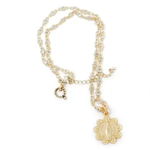18” Gold Crystal Bezel Necklace with Gold Scalloped Blessed Mother