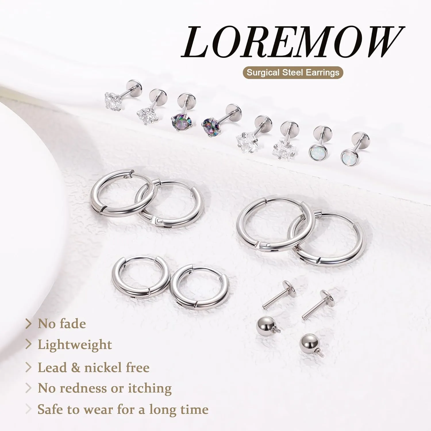 18G 8Pairs Surgical Steel Earrings Set for Women Men Stud Earrings for Sensitive Ears Hypoallergenic Huggie Hoop Earrings Opal CZ Cartilage Helix Flat Back Earrings for Multiple Piercing