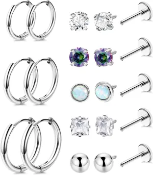 18G 8Pairs Surgical Steel Earrings Set for Women Men Stud Earrings for Sensitive Ears Hypoallergenic Huggie Hoop Earrings Opal CZ Cartilage Helix Flat Back Earrings for Multiple Piercing