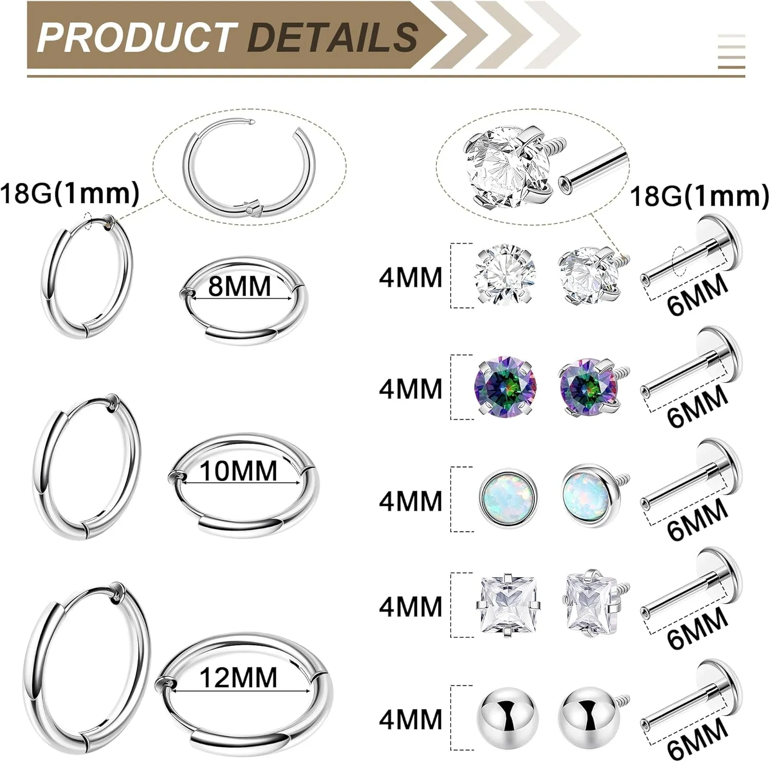 18G 8Pairs Surgical Steel Earrings Set for Women Men Stud Earrings for Sensitive Ears Hypoallergenic Huggie Hoop Earrings Opal CZ Cartilage Helix Flat Back Earrings for Multiple Piercing