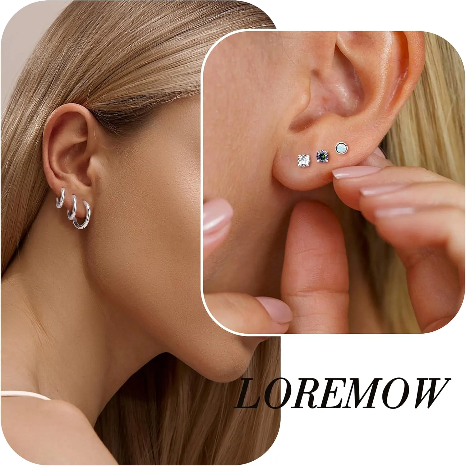 18G 8Pairs Surgical Steel Earrings Set for Women Men Stud Earrings for Sensitive Ears Hypoallergenic Huggie Hoop Earrings Opal CZ Cartilage Helix Flat Back Earrings for Multiple Piercing