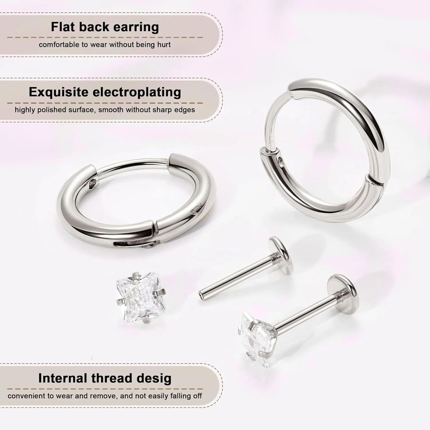 18G 8Pairs Surgical Steel Earrings Set for Women Men Stud Earrings for Sensitive Ears Hypoallergenic Huggie Hoop Earrings Opal CZ Cartilage Helix Flat Back Earrings for Multiple Piercing