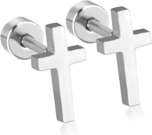 18G Cross Screw Flat Back Small Stud Earrings for Women Men Girls Minimalist Surgical Steel Silver Plated Cartilage Tragus Piercing Sleeper Little Studs Hypoallergenic Birthday Gift