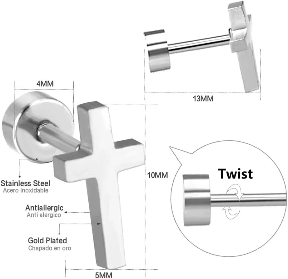 18G Cross Screw Flat Back Small Stud Earrings for Women Men Girls Minimalist Surgical Steel Silver Plated Cartilage Tragus Piercing Sleeper Little Studs Hypoallergenic Birthday Gift