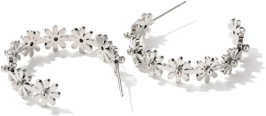 18k gold and silver Daisy Flower Hoop Earrings, Gold plated Titanium steel, Non Tarnish, Waterproof, Hypoallergenic