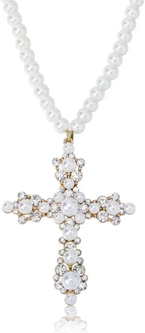 18K Gold Gothic Pearl Cross Necklace, Large Pearl and Moissanite Pendant, Fashion Jewelry for Women