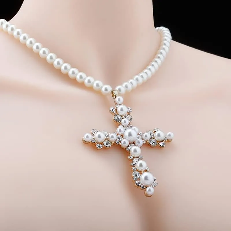 18K Gold Gothic Pearl Cross Necklace, Large Pearl and Moissanite Pendant, Fashion Jewelry for Women