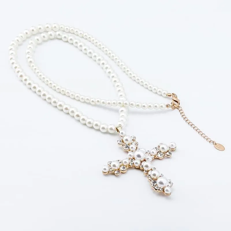 18K Gold Gothic Pearl Cross Necklace, Large Pearl and Moissanite Pendant, Fashion Jewelry for Women
