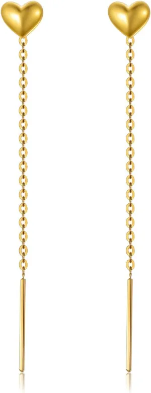18K Gold Heart Threader Earrings, Yellow Gold Ear Line Dangle Drop Earrings Hypoallergenic Jewelry for Her, Teens