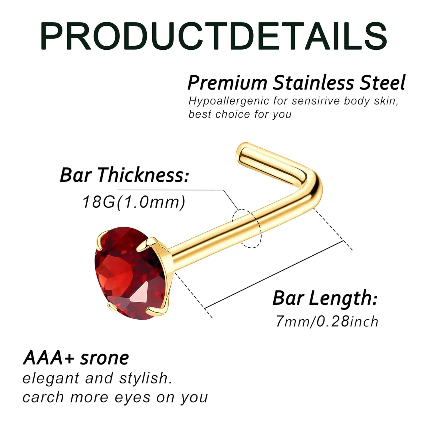 18K Gold Nose Rings for women, Titanium red Nose Rings Studs Set 2mm 3mm CZ Shaped Nose Studs Piercing Jewelry for Women