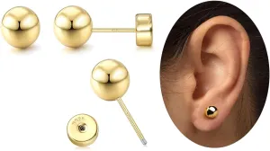 18K Gold Plated 925 Sterling Silver Gold Studs Earrings for Women Ball Stud Earrings Flat Back Studs Sizes 3-10mm Helix Earrings Tragus Earrings Screw Stud Cartilage Earrings Jewelry