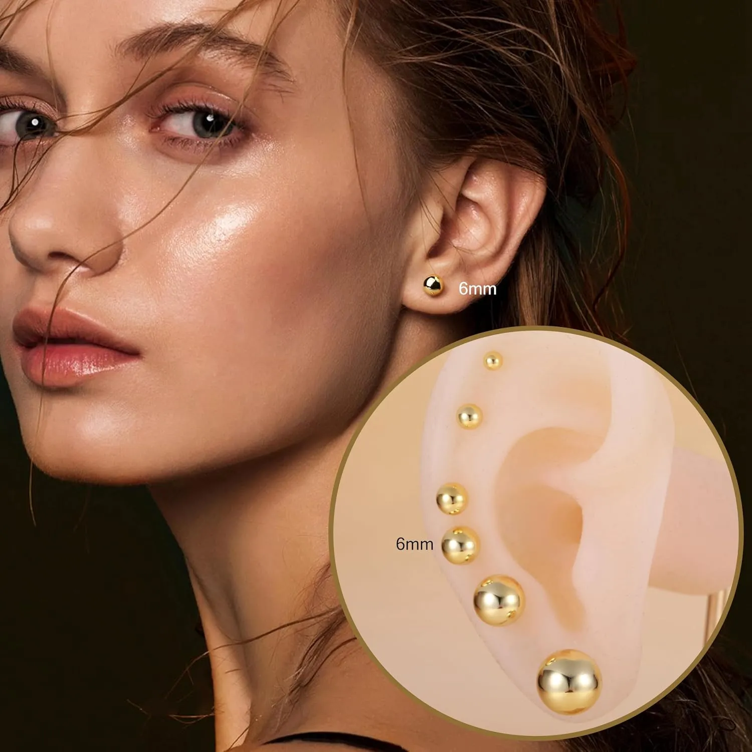18K Gold Plated 925 Sterling Silver Gold Studs Earrings for Women Ball Stud Earrings Flat Back Studs Sizes 3-10mm Helix Earrings Tragus Earrings Screw Stud Cartilage Earrings Jewelry