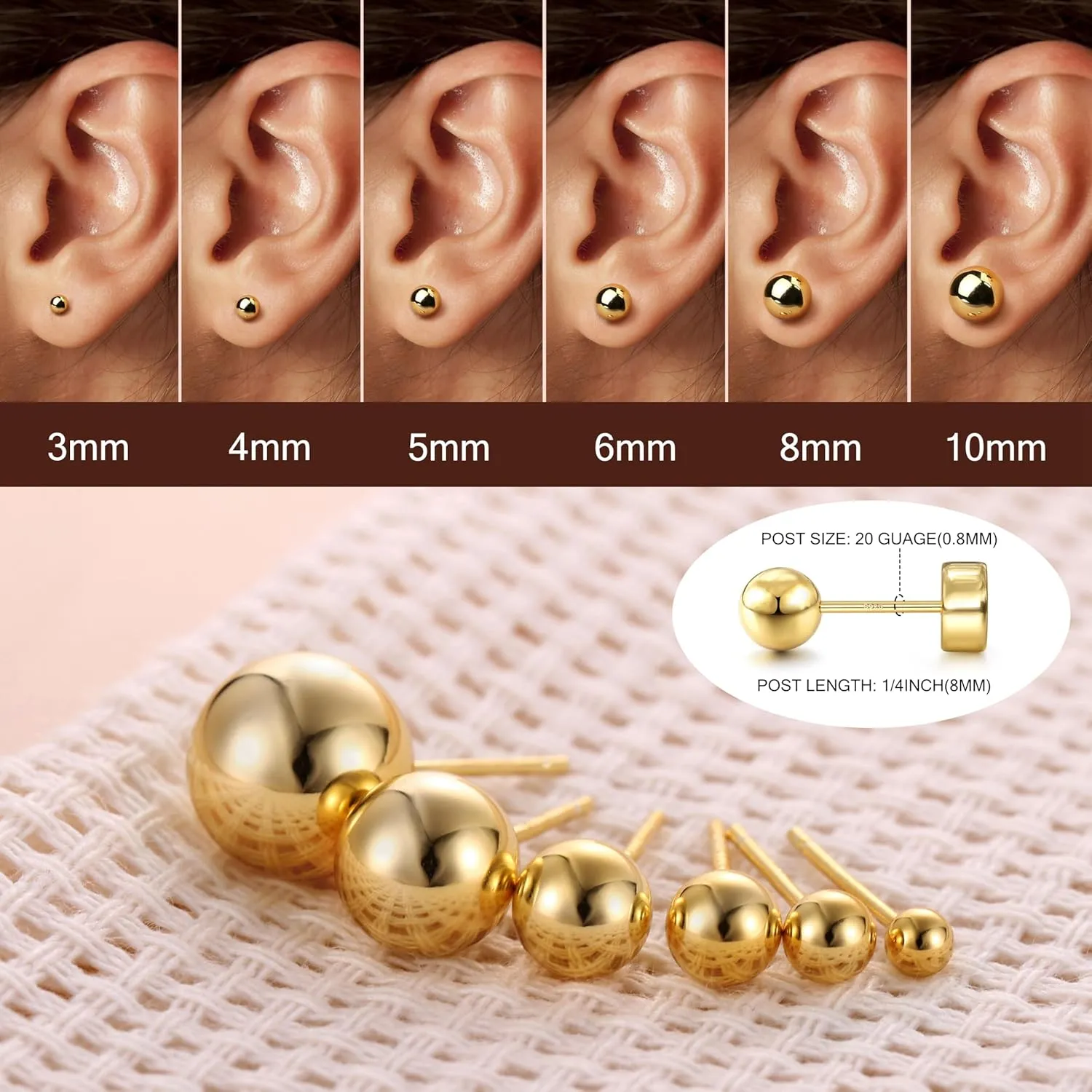 18K Gold Plated 925 Sterling Silver Gold Studs Earrings for Women Ball Stud Earrings Flat Back Studs Sizes 3-10mm Helix Earrings Tragus Earrings Screw Stud Cartilage Earrings Jewelry