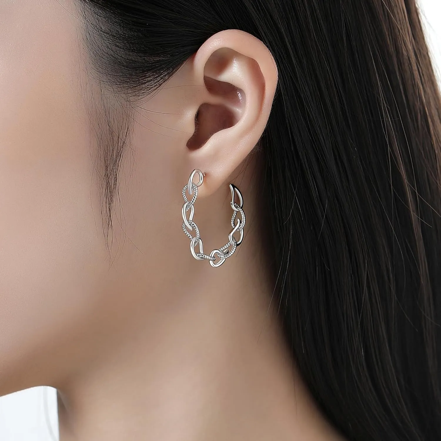 18K Gold Plated Chain Hoop Earrings for Women, Chain Link Earrings, Chunky Twisted Hoop Earrings, White, Gold