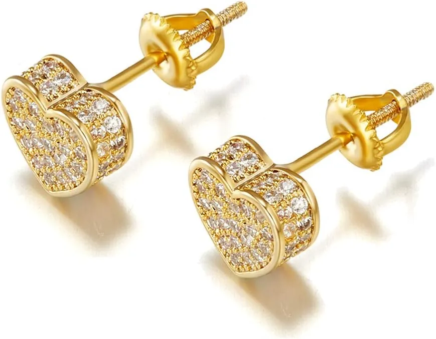 18k Gold Plated Heart Stud Earring For Women Earring Screw Back Iced Out Cubic Zirconia Micropave Fashion Jewelry SENTERIA