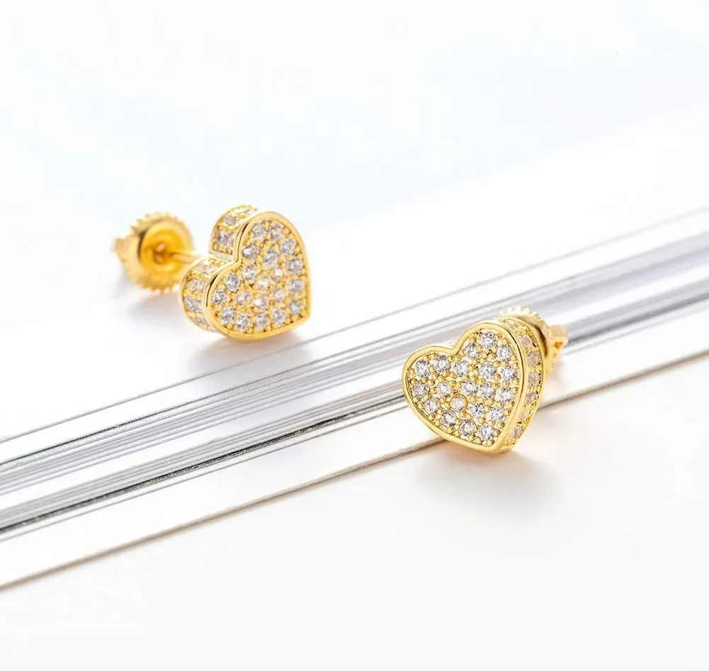 18k Gold Plated Heart Stud Earring For Women Earring Screw Back Iced Out Cubic Zirconia Micropave Fashion Jewelry SENTERIA