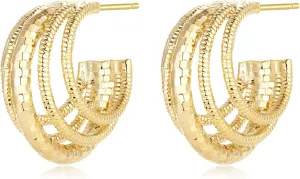 18K Gold Plated Multi Triple Hoop Earrings for Women, Chunky Gold Hammered Stud Earrings, Statement Diamond Cut Hoop Earrings