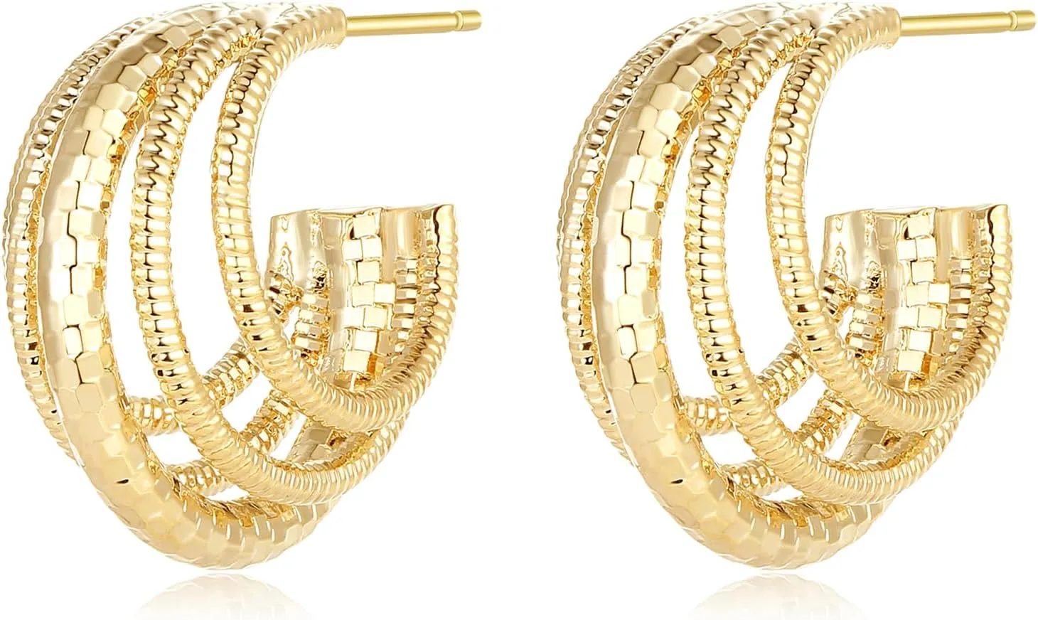 18K Gold Plated Multi Triple Hoop Earrings for Women, Chunky Gold Hammered Stud Earrings, Statement Diamond Cut Hoop Earrings