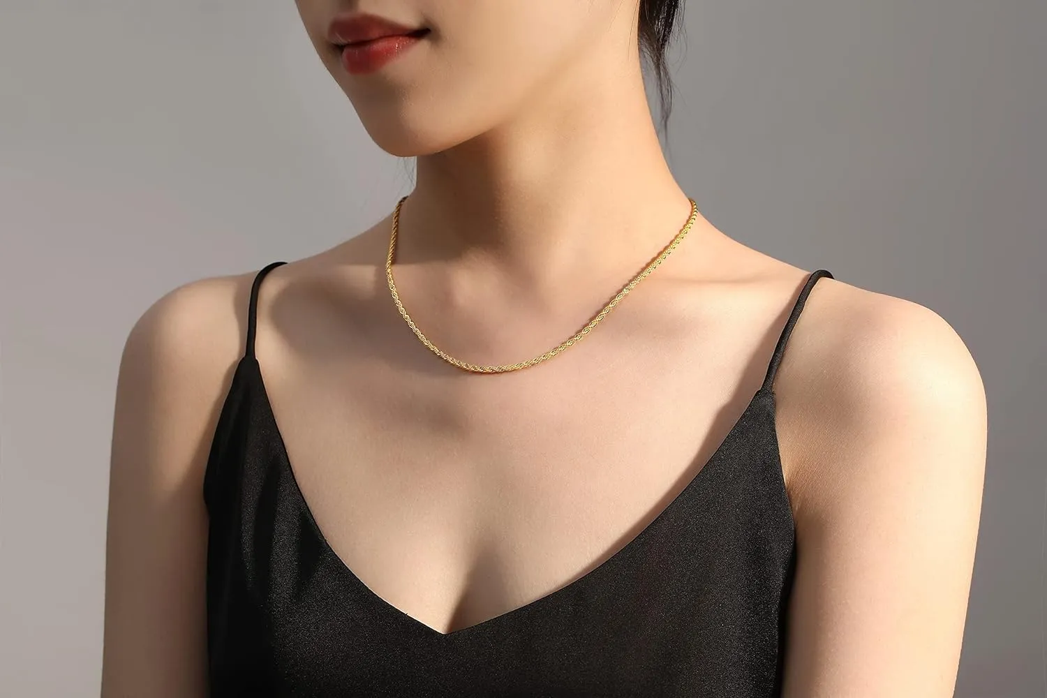18K Gold Plated Rope Chain Stainless Steel Necklace for Men and Women, Wide 2.5mm 3mm 4mm 5mm