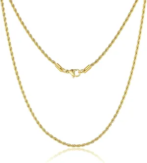 18K Gold Plated Rope Chain Stainless Steel Necklace for Men and Women, Wide 2.5mm 3mm 4mm 5mm