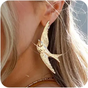 18K Gold Plated Swallow Earrings for Women - Stainless Steel Bird Studs and Peace Dove Dangle Earrings Jewelry