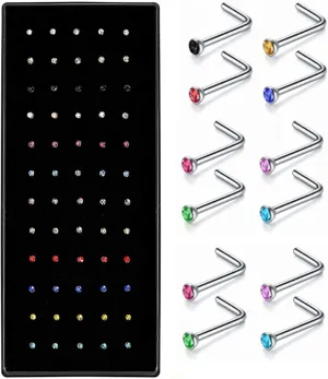1.8mm Crystal Rhinestone Nose Ring Studs L Shape Nose Body Piercing 60pcs/Pack(Colorful)