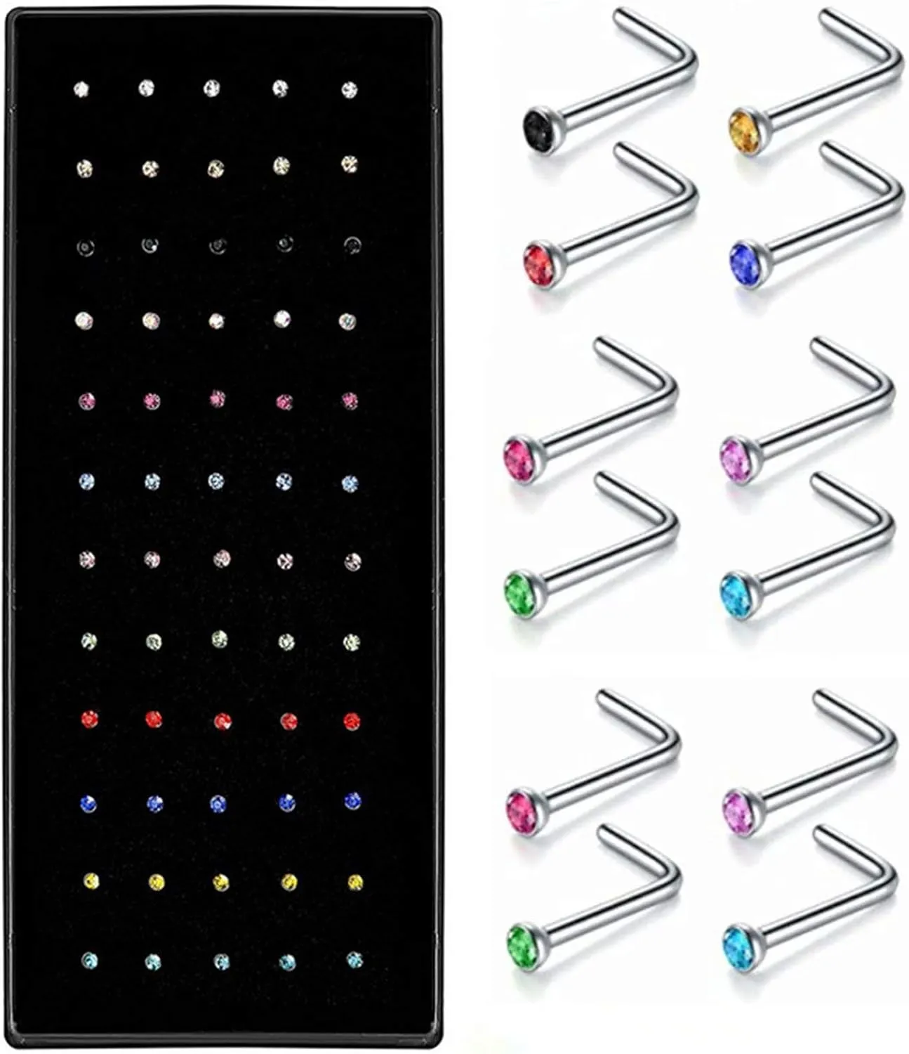 1.8mm Crystal Rhinestone Nose Ring Studs L Shape Nose Body Piercing 60pcs/Pack(Colorful)