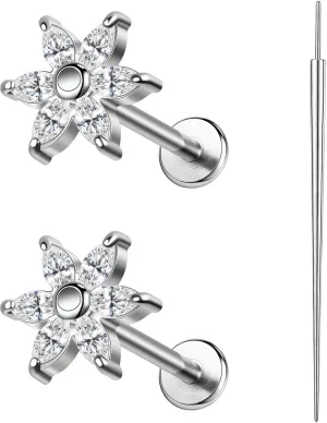 1Pair 16G Flat Back Earrings Stud Threadless Helix Tragus Conch Piercing Jewelry CZ Nose Stud for Women Push in 316L Surgical Steel Cartilage Earrings Lip Medusa Body Piercings Jewelry