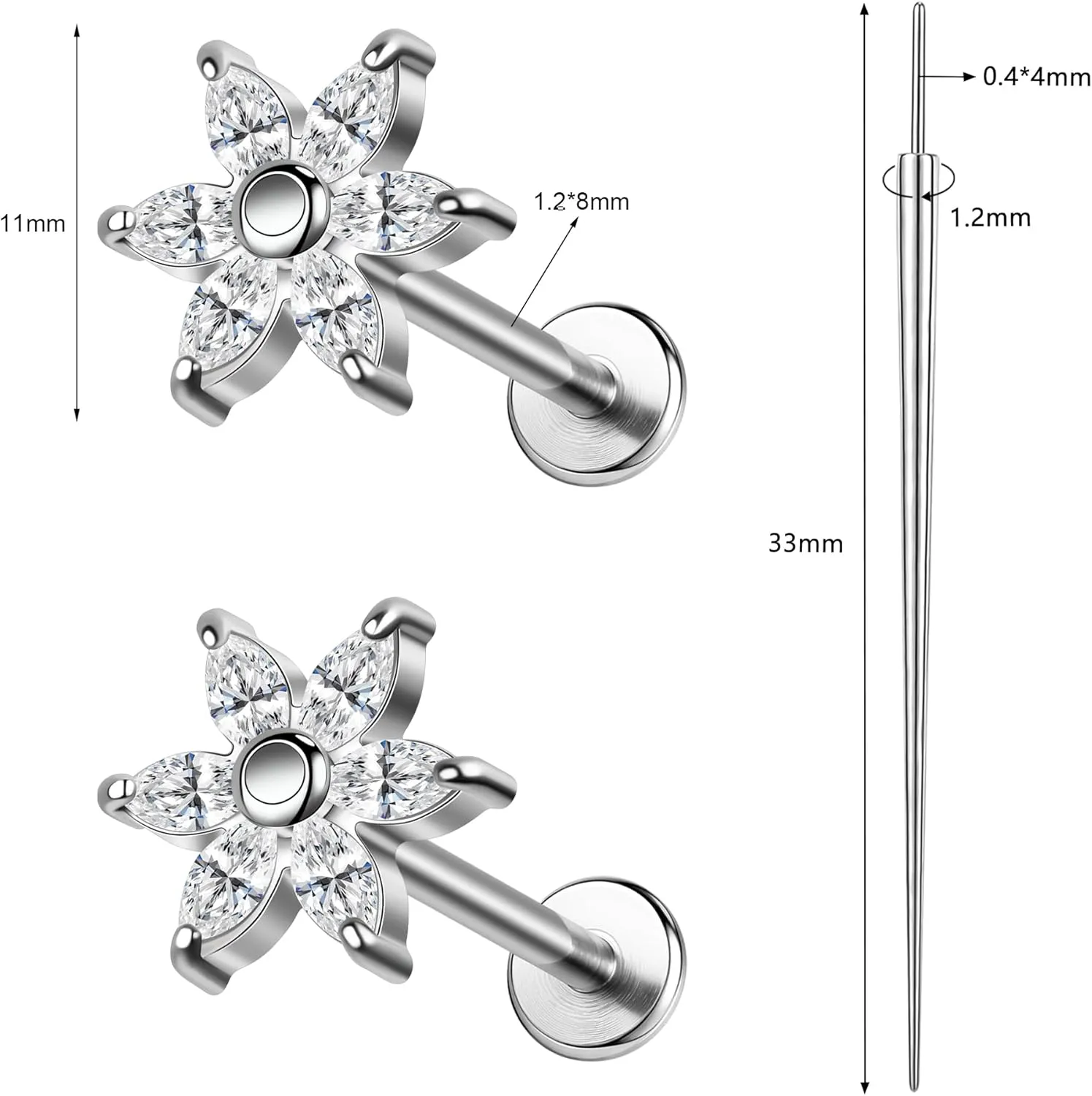 1Pair 16G Flat Back Earrings Stud Threadless Helix Tragus Conch Piercing Jewelry CZ Nose Stud for Women Push in 316L Surgical Steel Cartilage Earrings Lip Medusa Body Piercings Jewelry