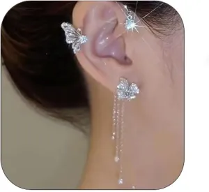 1Pairs Ear Cuff Earrings for Women, No Piercing Rhinestone Butterfly Tassel Style Earrings Ear Clip Wrap Around Fake Dangle Drop Earrings Jewelry Gift