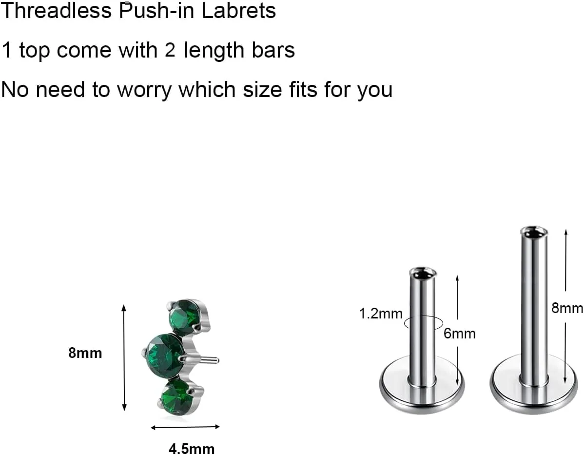 1pcs 16G G23 Titanium Threadless Labret Studs Push-in Colorful CZ Labret Cluster Tragus Helix Conch Lobe Rook Cartilage Push Back Sleeper Piercing Jewelry Earring Stud