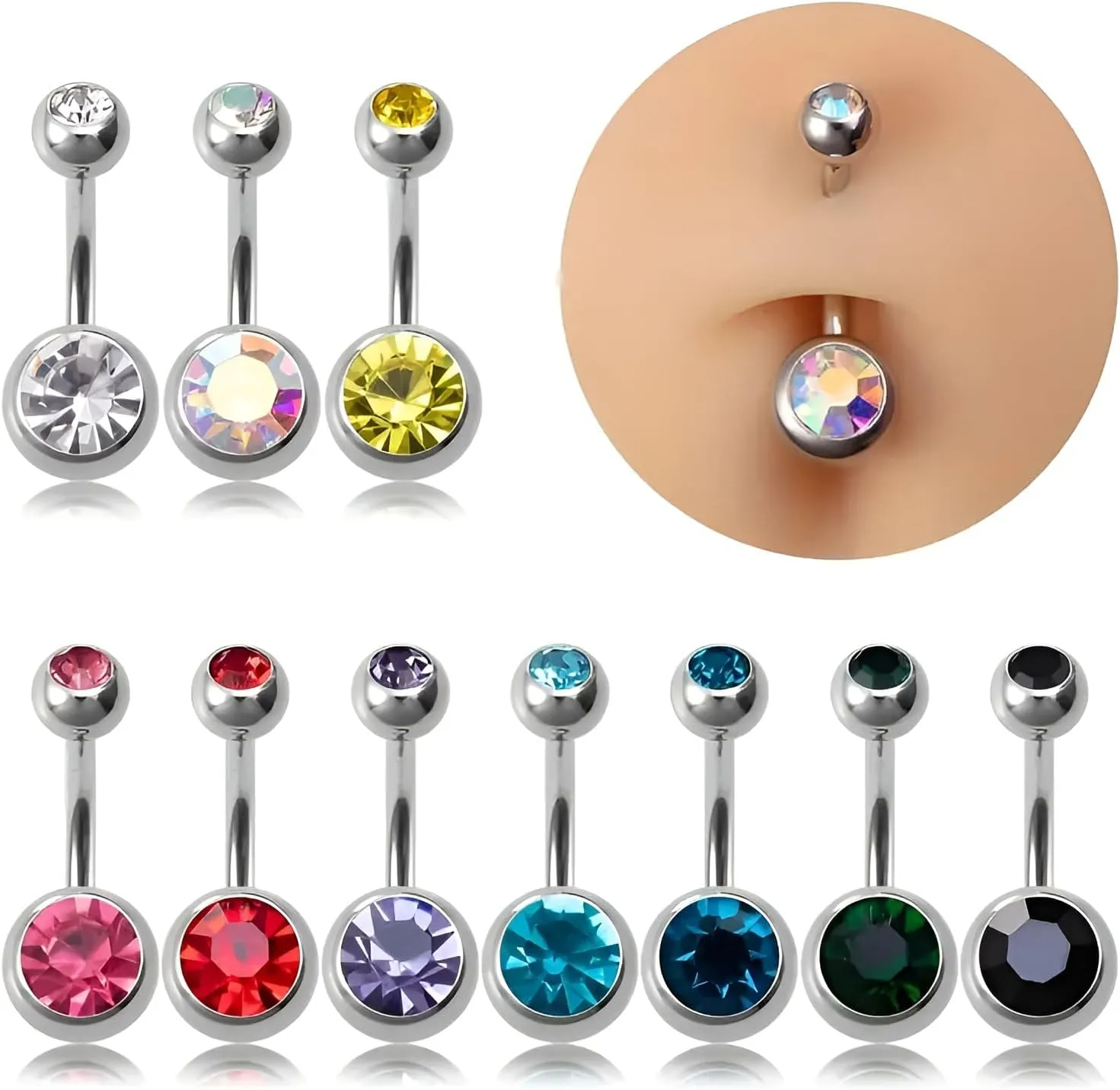 1PCS Silvery Sphere With Colour Zircon 1.6mm(14G) Navel Belly Studs Belly Button Rings Body Piercing Barbells Piercing Jewelry Titanium Steel Surgical Steel Stainless Steel 23mm