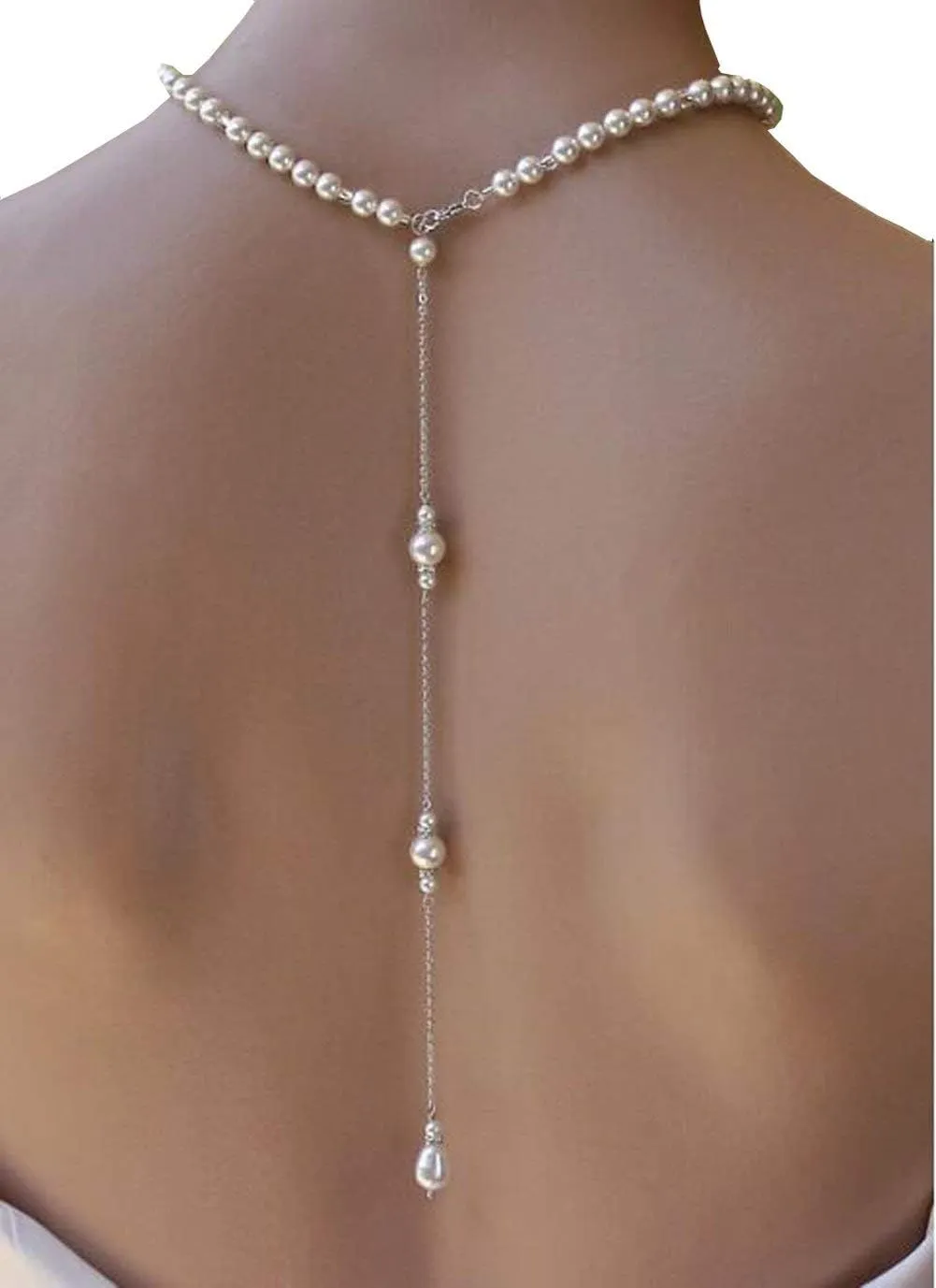1Pcs White Elegant Pearl Backdrop Necklace Sexy Tassel Pendant Back Chain Body Decoration Chain for Women Backless Off-shoulder Dressing