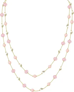 2-Layer Elegant Long Beaded Necklace for Women: Red Pink Green Lemon Purple Emerald Red Crystal Beads and White Crystal Pearls