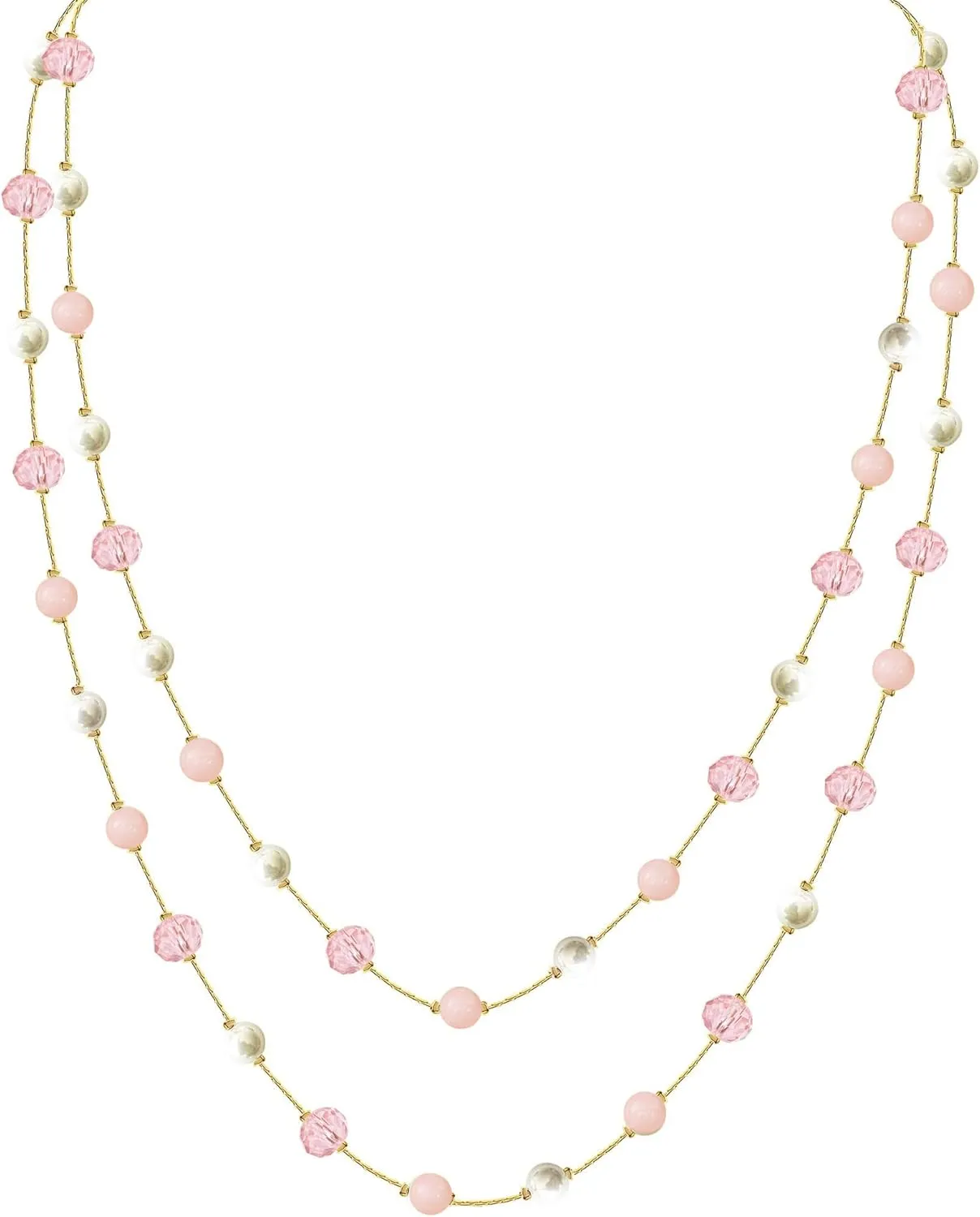 2-Layer Elegant Long Beaded Necklace for Women: Red Pink Green Lemon Purple Emerald Red Crystal Beads and White Crystal Pearls