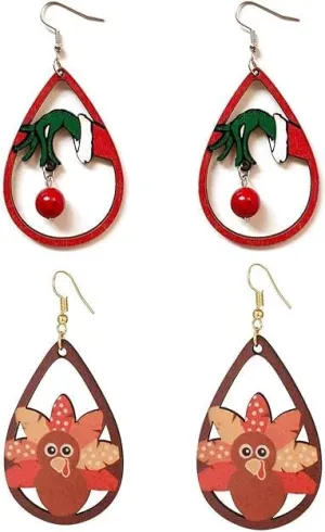 2 pairs Christmas Thanksgiving Earrings for Women Christmas Wooden Painted Teardrop Dangle Earring Holiday Christmas Jewelry