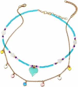 2 Pcs Heart Choker Necklace Colorful Beads Layered Necklace Friendship Y2K Beach Costume Jewelry Gifts for Women