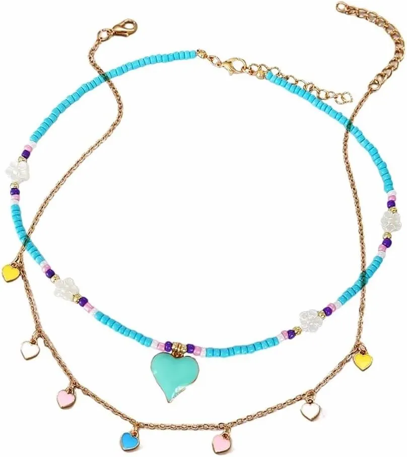 2 Pcs Heart Choker Necklace Colorful Beads Layered Necklace Friendship Y2K Beach Costume Jewelry Gifts for Women