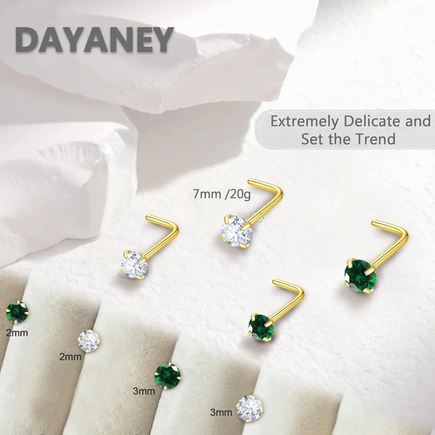 2 Pcs L Shaped Nose Rings, Gold Nose Studs 20g Nose Piercing Jewelry Cartilage White Green Earrings, 14k Gold Stainless Steel Hypoallergenic Nose Rings Emerald Jewelry for Women/Men(3mm CZ)