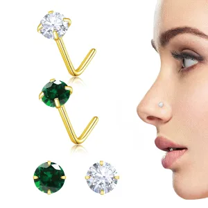 2 Pcs L Shaped Nose Rings, Gold Nose Studs 20g Nose Piercing Jewelry Cartilage White Green Earrings, 14k Gold Stainless Steel Hypoallergenic Nose Rings Emerald Jewelry for Women/Men(3mm CZ)