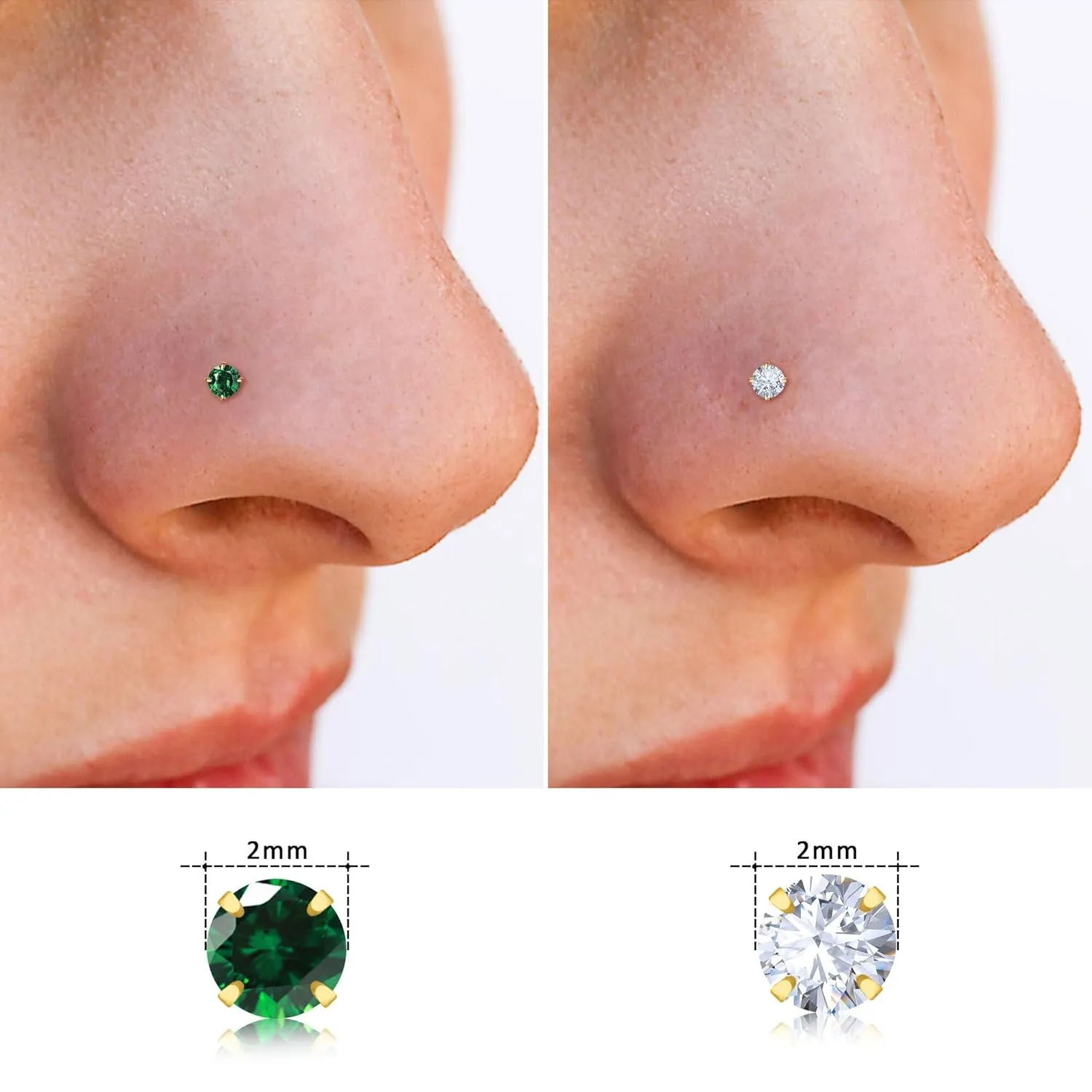 2 Pcs L Shaped Nose Rings, Gold Nose Studs 20g Nose Piercing Jewelry Cartilage White Green Earrings, 14k Gold Stainless Steel Hypoallergenic Nose Rings Emerald Jewelry for Women/Men(3mm CZ)