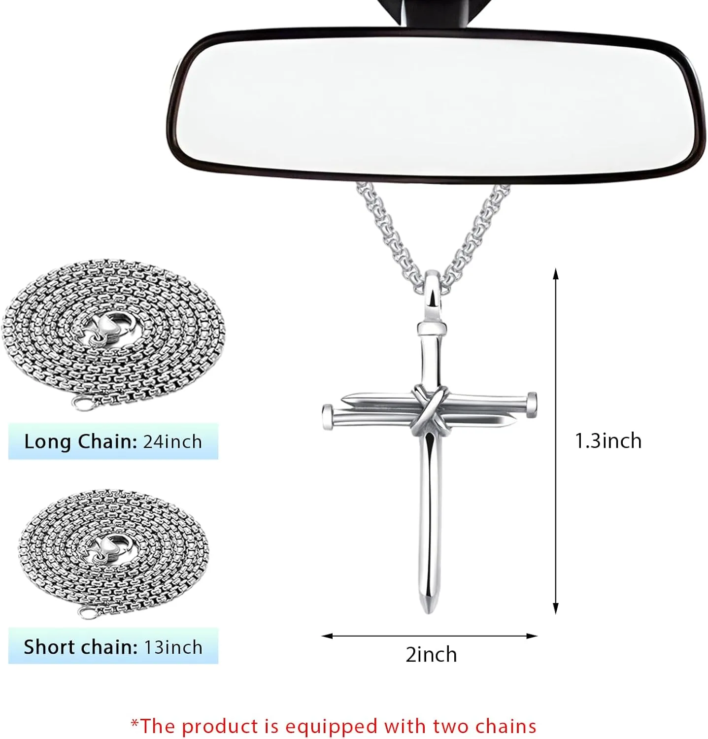 2 PCS Nail Cross Pendant for Men, Auto Rear View Mirror Cross Charm Pendant with 24 Inch Chain, Stainless Steel 3 Nail Necklace Vehicle Hanging Decoration, Car Accessories (Silver)